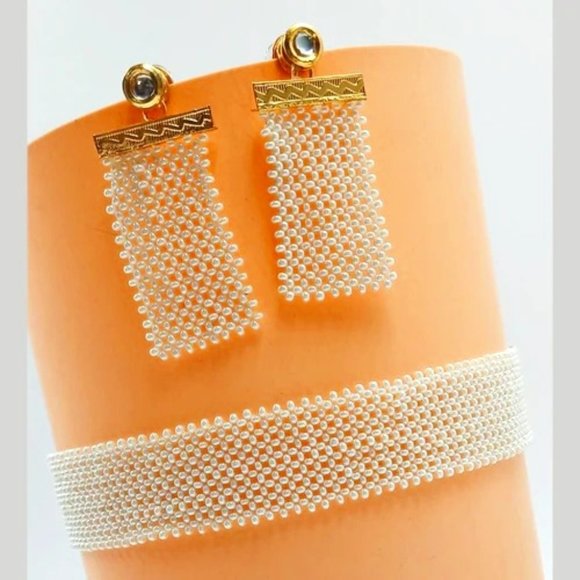 old Plated Kundan & Beads Choker Necklace Set - Picture 1 of 2
